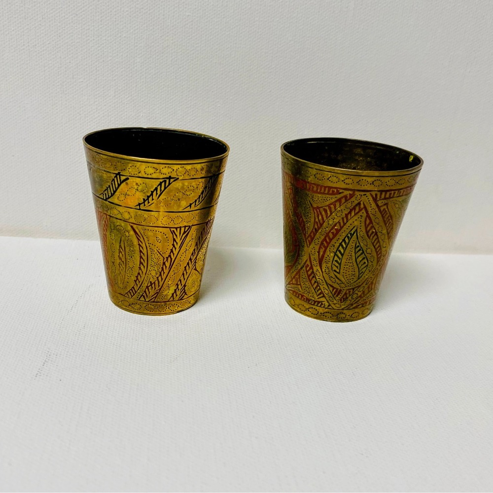 Vintage Brass Etched Cups, Set of 2